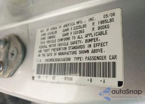 2006 Honda Accord 2.4 Se из США, поврежденный, VIN 1HGCM56306A146399